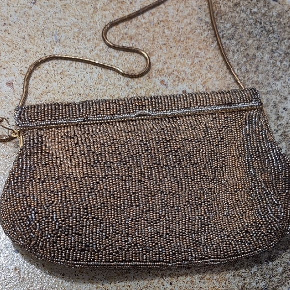 Elegant Gold Beaded Brown Clutch With Removable Shoulder Straps - Picture 1 of 7